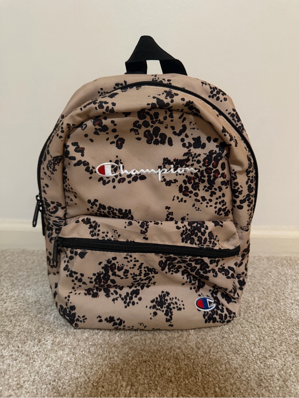 Champion Beige and Black Leopard-Print Mini Backpack